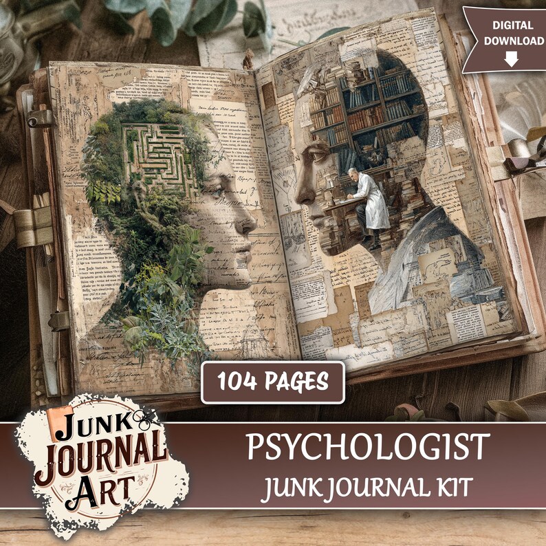 junk journal supplies, junk journal kits, junk journal paper, junk journal pages, Vintage Junk journal, Medical junk journal, Psychologist journal, Brain art, Mental Health, Phrenology Head, Mind Art, fussy cut, printable paper