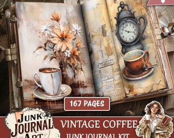 Vintage Coffee Junk Journal Kit, Stained Printable Papers, Cafe Ephemera & Tags (167 Pages )