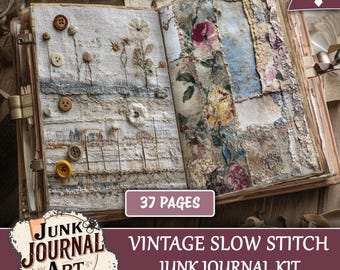 Vintage Slow Stitch Junk Journal Printable Pages - Fabric Collage Ephemera, Embroidery Texture Kit, Patchwork paper - fussy cuts