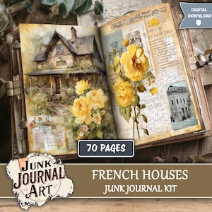 Può includere: Diario aperto con illustrazioni ad acquerello di case francesi e rose gialle. Il diario include testo scritto a mano e piccoli schizzi di case. La copertina presenta il testo "Junk Journal Art" e "French Houses Junk Journal Kit". Il diario ha 70 pagine.