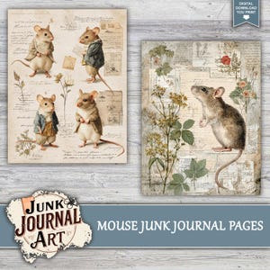 junk journal supplies, junk journal kits, junk journal ideas, junk journal paper, junk journal pages, vintage junk journal, Cute Mouse Journal, Vintage Mice, Whimsical Animal, Cottagecore Kit, Field Mouse Art, Nursery Journal, Storybook Ephemera, Printable Paper