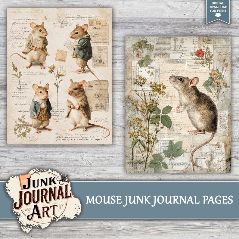 junk journal supplies, junk journal kits, junk journal ideas, junk journal paper, junk journal pages, vintage junk journal, Cute Mouse Journal, Vintage Mice, Whimsical Animal, Cottagecore Kit, Field Mouse Art, Nursery Journal, Storybook Ephemera, Printable Paper