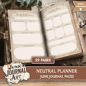 May include: An open journal with Daily Reflections and Weekly Plan pages. The left page has prompts for inspiration, feelings, gratitude, and highlights. The right page has a weekly layout. The cover reads "Junk Journal Art" and "Neutral Planner Junk Journal Pages".