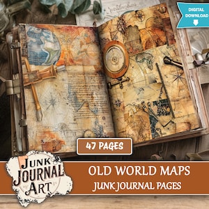 Può includere: Diario aperto con design di mappe del mondo vintage, illustrazioni di bussola e globo. Il diario presenta 47 pagine e il testo "Old World Maps" e "Junk Journal Pages". Download digitale disponibile.