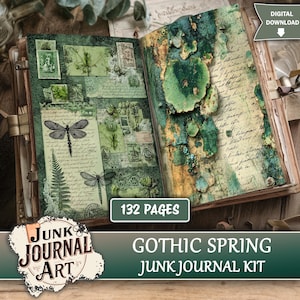 Puede incluir: Diario de arte abierto con 132 páginas, con temática Gothic Spring. Las páginas muestran un collage de tonos verdes y sepia con ilustraciones de libélulas, estampados botánicos y sellos vintage. La portada es de madera y tiene cierres metálicos.