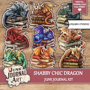 Junk Journal Dragon, Junk journal roses, ephemera dragon, Shabby Chic, junk journal kits, junk journal ideas, rose pink, vintage journal, floral journal, Junk journal roses, dragon stickers, junk journal supplies, journaling supplies