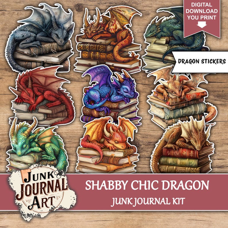 Junk Journal Dragon, Junk journal roses, ephemera dragon, Shabby Chic, junk journal kits, junk journal ideas, rose pink, vintage journal, floral journal, Junk journal roses, dragon stickers, junk journal supplies, journaling supplies