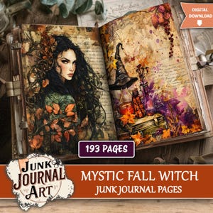 May include: Open journal with a fall witch theme. The left page features a woman with long black hair and autumn leaves. The right page shows a witch's hat, potion bottles, and fall foliage. The journal has 193 pages.