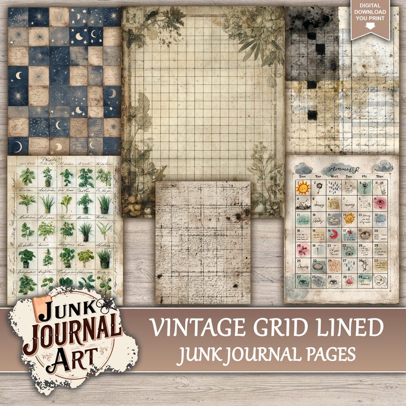 Vintage Grid Lined Junk Journal Printable Pages - Notebook Paper ...