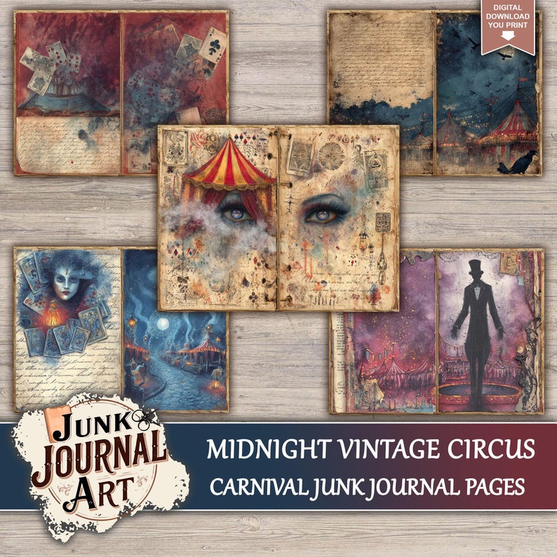 Midnight Vintage Circus Junk Journal Printable Pages, Dark Carnival ...