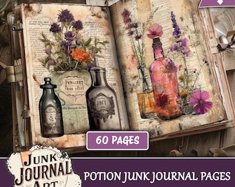 May include: Open junk journal with vintage-style pages featuring botanical illustrations and potion bottles. The journal includes the text "60 PAGES" and "POTION JUNK JOURNAL PAGES". The cover has the text "JUNK JOURNAL ART" and a "DIGITAL DOWNLOAD" tag.