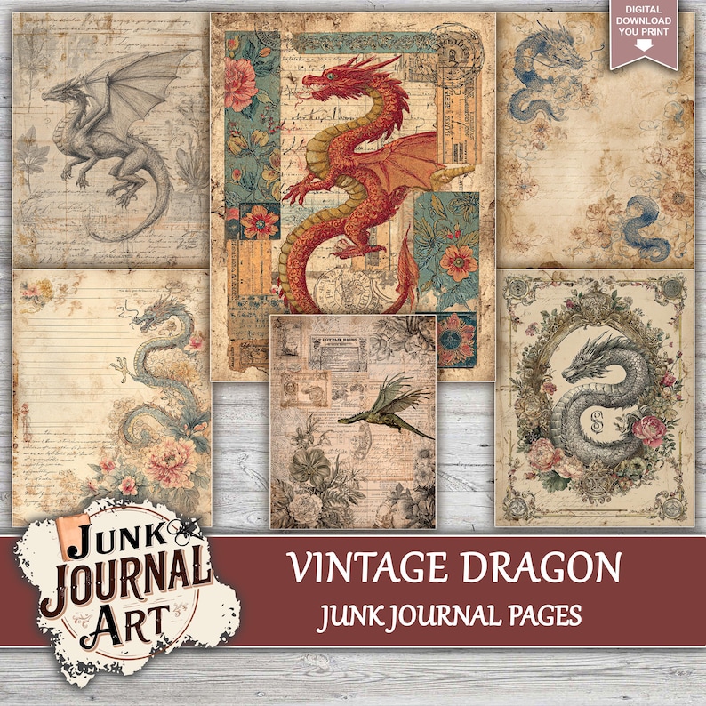 The image is a collage of vintage dragon-themed journal pages, featuring various illustrations and designs related to dragons and nature.