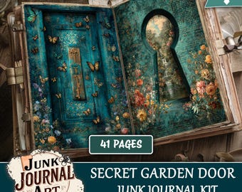 May include: A digital junk journal kit with a teal secret garden door design. The open book features a keyhole revealing a garden scene, surrounded by flowers and butterflies. The text reads "Secret Garden Door Junk Journal Kit" and "41 Pages".