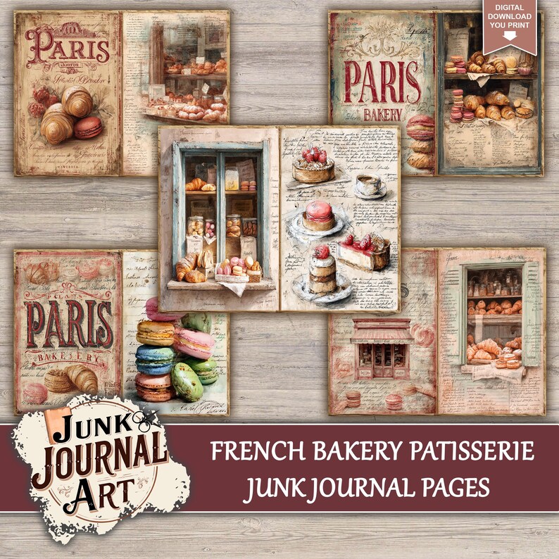 junk journal supplies, junk journal kits, junk journal paper, junk journal pages, Vintage Junk journal, French Bakery, Vintage Patisserie, Croissant Paper, Macaroon Art, Food Junk Journal, Kitchen Scrapbook, Cafe Storefront, fussy cuts