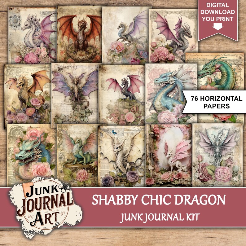 Junk Journal Dragon, Junk journal roses, ephemera dragon, Shabby Chic, junk journal kits, junk journal ideas, rose pink, vintage journal, floral journal, Junk journal roses, dragon stickers, junk journal supplies, journaling supplies