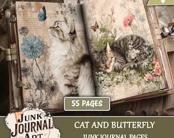 May include: Open journal with vintage-style pages featuring cat and butterfly illustrations. One page shows a fluffy cat gazing at a blue butterfly, the other a sleeping cat among flowers. The journal has 55 pages and is labeled "Cat and Butterfly Junk Journal Pages."