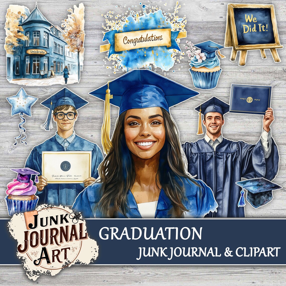 Watercolor Graduation Clipart & Junk Journal Pages, Vintage School ...