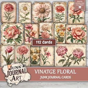 Vintage Floral Junk Journal Cards, benodigdheden voor ongewenste tijdschriften, digitale dagboekkaarten, botanische kaarten, logboekkaarten, afdrukbare bloemenkaarten