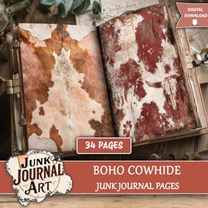 Cowhide Junk Journal Kit, 34 Boho Western Leather and Floral Printable Pages, pattern background (Digital Download)