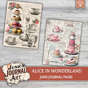 The image is a collage of two pages from a junk journal, featuring illustrations of various desserts and tea cups.