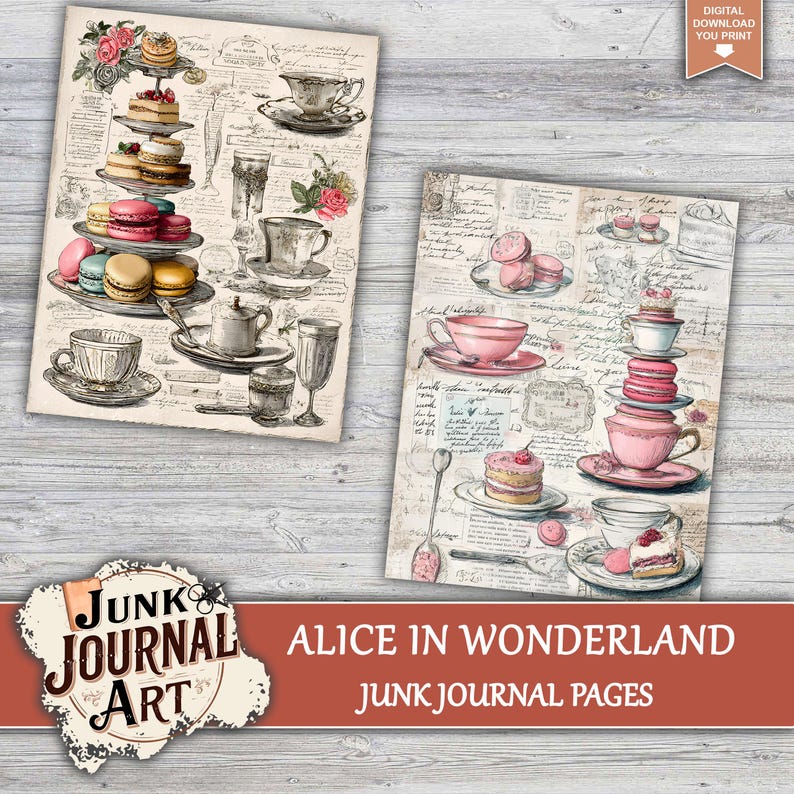 The image is a collage of two pages from a junk journal, featuring illustrations of various desserts and tea cups.