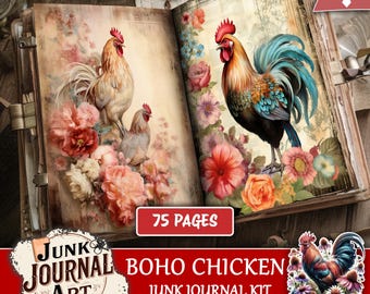Boho Chicken Junk Journal Kit, Rustic Farmhouse Scrapbook Papers, Sunflower & Hen Ephemera
