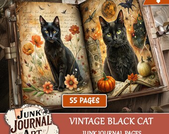 Vintage Black cat junk journal Pages, junk journal supplies, junk journal kits, Witchy Halloween, Gothic junk journal, Gothic kit, Printable