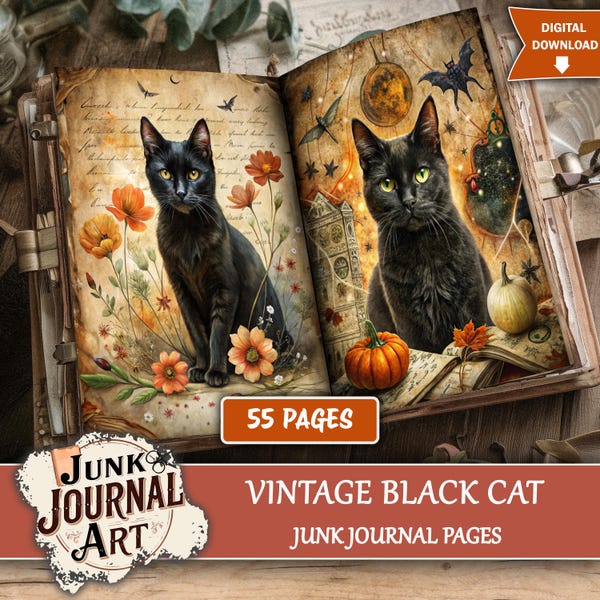 Vintage Black cat junk journal Pages, junk journal supplies, junk journal kits, Witchy Halloween, Gothic junk journal, Gothic kit, Printable