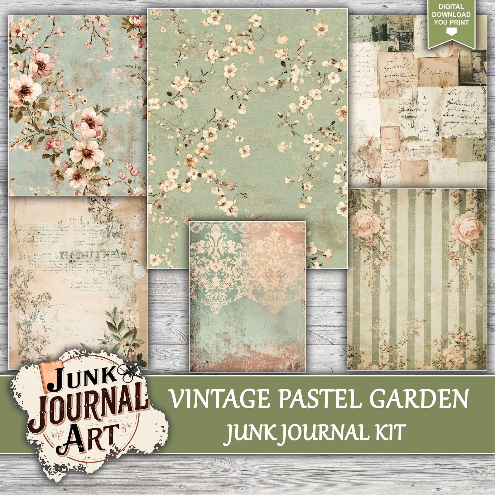 Vintage Pastel Green Junk Journal, Shabby Chic Journal Kits, Junk ...