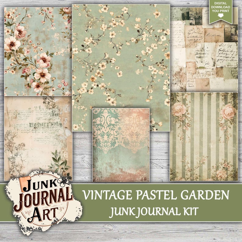Vintage Pastel Green Junk Journal, Shabby Chic Journal Kits, Junk ...