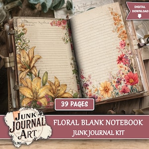 Pode incluir: Caderno floral em branco aberto com 39 páginas. As páginas pautadas são decoradas com flores em aquarela em tons de amarelo, rosa e laranja. A capa é marrom com um fecho de metal. O texto diz "Junk Journal Art" e "Floral Blank Notebook Junk Journal Kit".