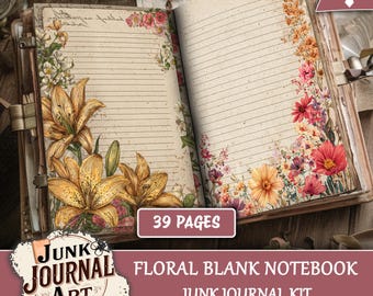 Floral Blank Notebook Junk journal Pages, Vintage Lined Paper, Flower Writing Kit, Ephemera Tags & Labels