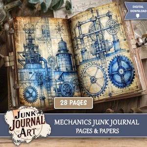 Steampunk Mechanics Junk Journal Kit, Vintage Engineering Blueprint Pages, Industrial Gear Scrapbook Paper ( Digital Download )