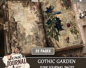 Páginas de diario basura de jardín gótico, materiales para diario basura, kit botánico vintage, papel de rosa roja, efímera de invernadero vintage