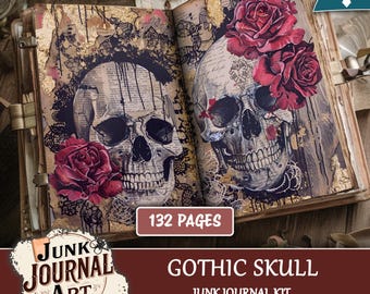 Gothic Skull Junk Journal Kit, Dark Floral Macabre Printable Papers, Raven Ephemera (132 Pages)