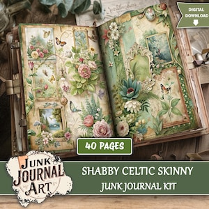 Kit de journal intime maigre celtique minable, pages de scrapbooking, papier numérique vintage, cottagecore, shabby chic, fournitures pour journaux indésirables, vert