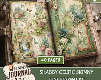 Shabby Celtic Skinny Junk Journal Kit, Scrapbook Pages, Vintage Digital Paper, Cottagecore , Shabby Chic, junk journal supplies, green