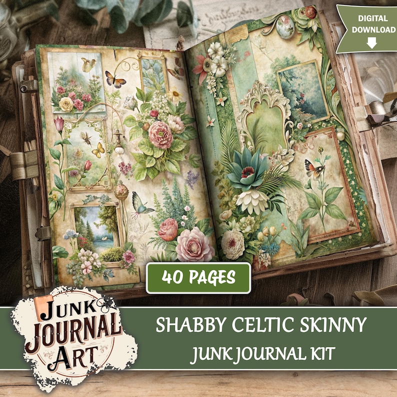 junk journal supplies, junk journal kits, junk journal ideas, junk journal paper,junk journal pages, vintage junk journal, Green Junk Journal,Skinny Junk Journal, Scrapbook Kit, flower junk journal, Shabby Chic Style, Rose junk journal, Cottage Core