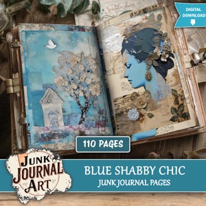 May include: Open junk journal with blue and white artwork. One page features a house and tree, the other a woman's profile. The journal has 110 pages and is labelled "Blue Shabby Chic Junk Journal Pages".
