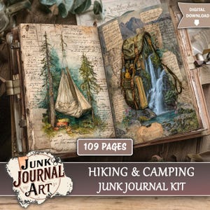 Könnte beinhalten: Digitales Junk-Journal-Kit mit 109 Seiten zum Thema Wandern und Camping. Die Seiten zeigen Illustrationen einer Hängematte, eines Wasserfalls und eines Rucksacks. Das Cover enthält den Text "Junk Journal Art" und "Hiking & Camping Junk Journal Kit."