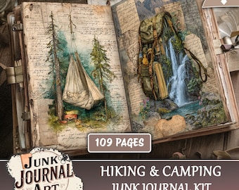 Peut inclure: Kit de journal de rebut numérique de 109 pages sur le thème de la randonnée et du camping. Les pages présentent des illustrations d'un hamac, d'une cascade et d'un sac à dos. La couverture comprend le texte "Junk Journal Art" et "Hiking & Camping Junk Journal Kit."