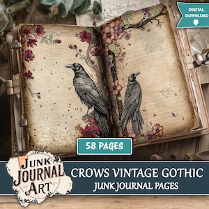 The image is a page from a vintage journal featuring two black birds perched on branches with flowers, surrounded by a floral design.