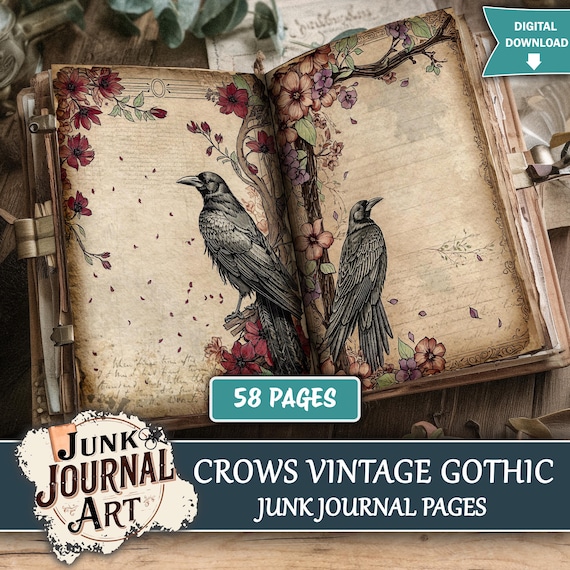 Crow Gothic Junk Journal Printable Pages, Black Bird Ephemera