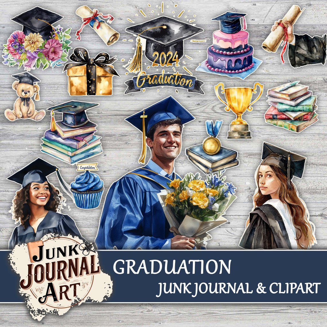 Watercolor Graduation Clipart & Junk Journal Pages, Vintage School ...