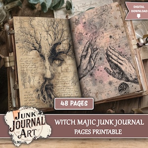 Puede incluir: Diario basura abierto con ilustraciones de un rostro con rasgos arbóreos y manos rezando. El diario tiene 48 páginas y el texto "Witch Majic Junk Journal Pages Printable". El diario es marrón con cierres metálicos.