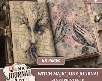 May include: Open junk journal with illustrations of a face with tree-like features and praying hands. The journal has 48 pages and the text "Witch Majic Junk Journal Pages Printable". The journal is brown with metal clasps.