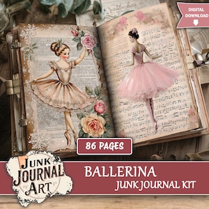 Puede incluir: Diario basura abierto con ilustraciones de bailarinas. La página izquierda presenta una bailarina con un vestido melocotón con rosas. La página derecha muestra una bailarina con un tutú rosa. El diario tiene 86 páginas y se titula "Ballerina Junk Journal Kit".