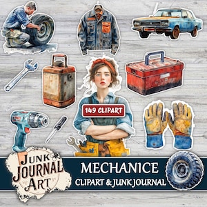 Aquarell Mechaniker Clipart PNG, Autowerkstatt Ephemera, rustikale Werkzeugaufkleber, männliche Fussy Schnitte