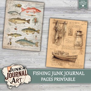 junk journal supplies, junk journal kits, junk journal ideas, junk journal paper, junk journal pages, Vintage Junk journal, Fishing Junk Journal, Vintage Fisherman, Angler Ephemera,Rustic Masculine, Fish journal paper, Fish Illustration, Lake Life Journal, Printable Paper