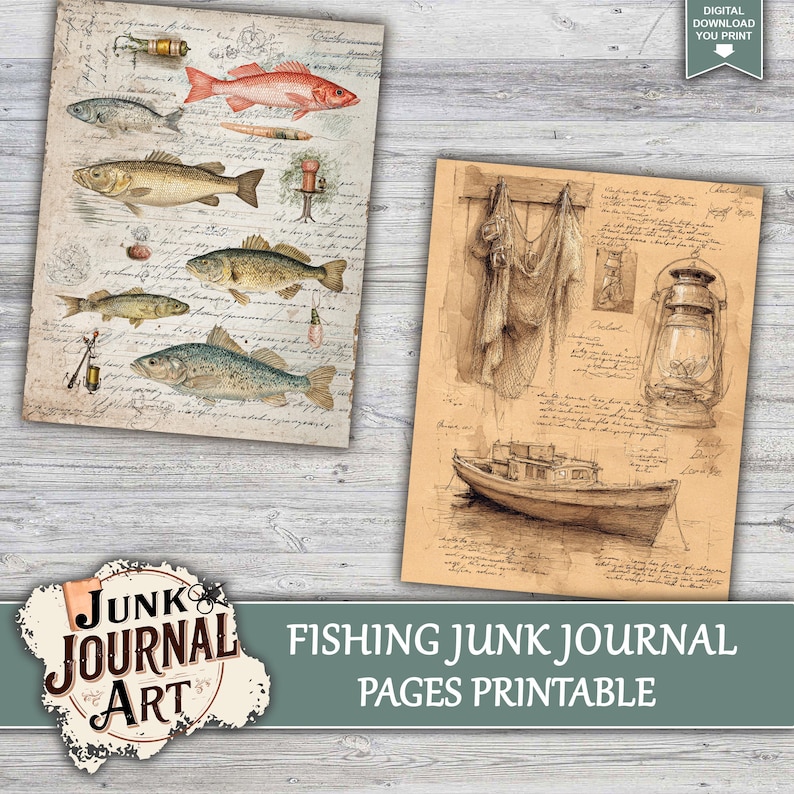 junk journal supplies, junk journal kits, junk journal ideas, junk journal paper, junk journal pages, Vintage Junk journal, Fishing Junk Journal, Vintage Fisherman, Angler Ephemera,Rustic Masculine, Fish journal paper, Fish Illustration, Lake Life Journal, Printable Paper